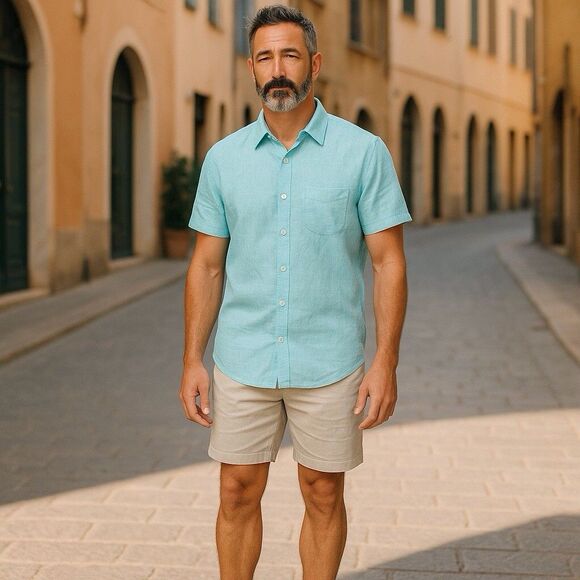 Tasso Elba Mens  XXLarge 18-18.5 100% Linen Light Green Button Up S/S Shirt - Picture 1 of 12